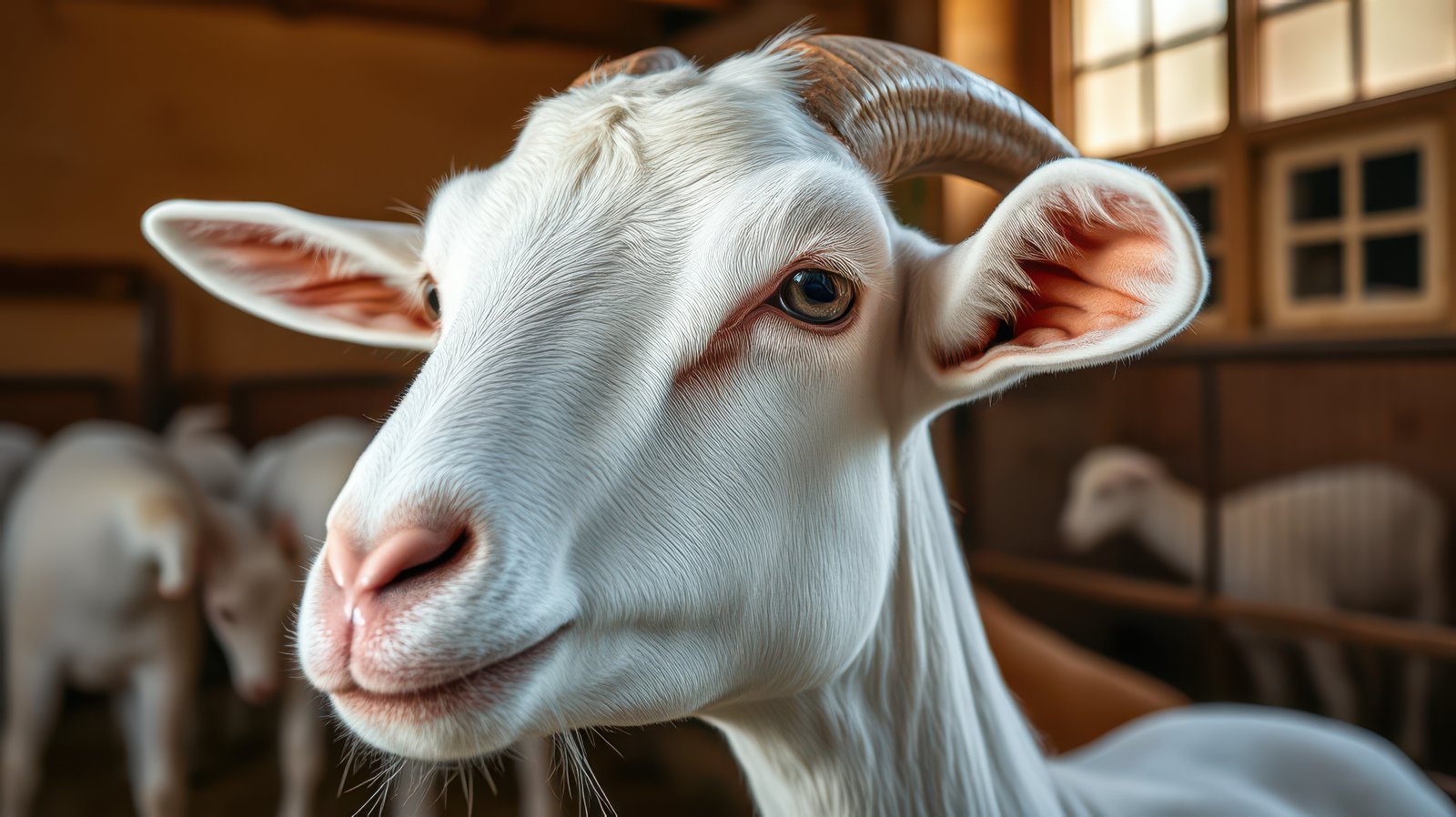 Goat poses for a close-up in a warm barn during daylight hours, capturing its expressive features and calm demeanor